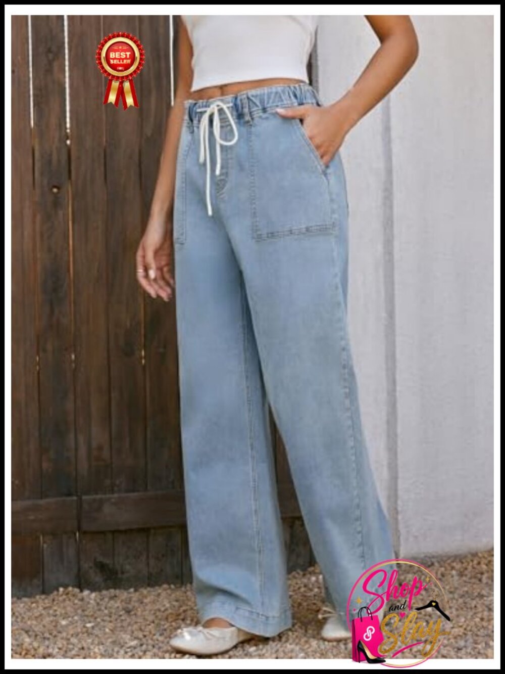 High Waisted Wide Leg Drawstring Jeans Deep Pockets Stretch Denim